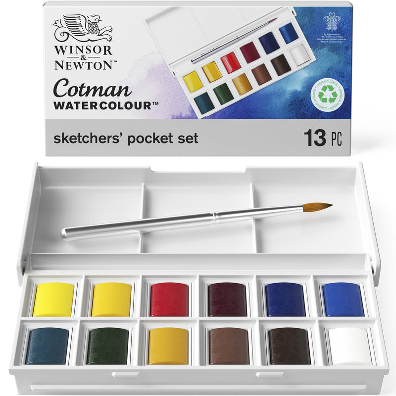 Winsor & Newton Cotman Sketchers Pocket Paint Box (Includes 12 x Half pans + Brush)