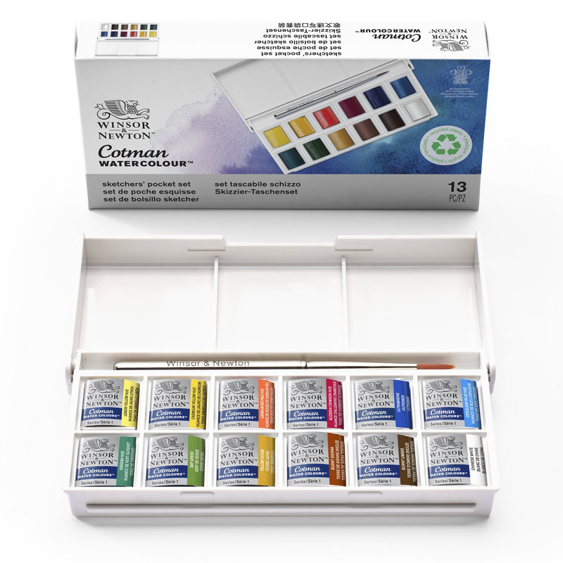 Winsor & Newton Cotman Sketchers Pocket Paint Box (Includes 12 x Half pans + Brush)