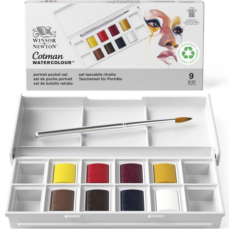 Winsor & Newton Cotman Watercolour Half Pans Pocket Sets (Set of 8 + Brush)