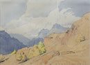 Painting of a mountain landscape with trees and clouds Langdale Pikes Lake District
