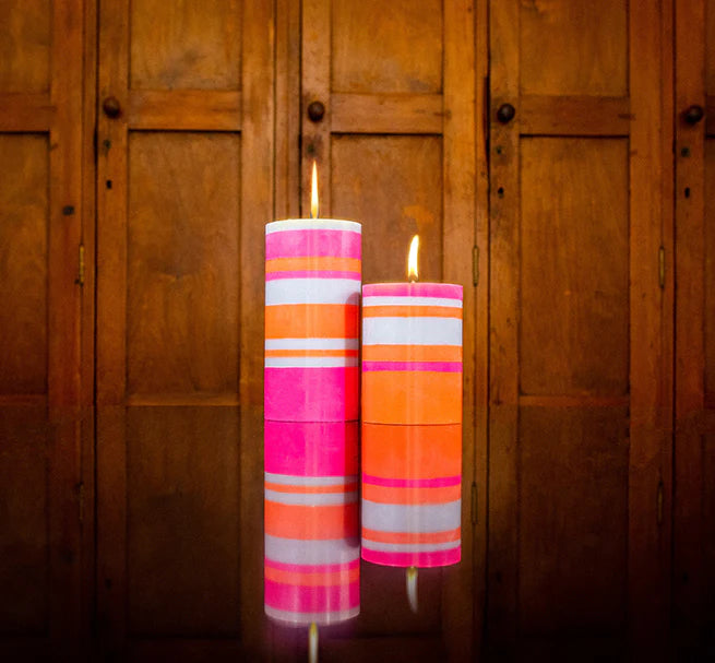 Small Striped Orange Flame, Willow & Neyron Eco Pillar Candle (10cm)