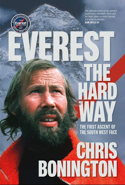 Book cover of 'Everest: The Hard Way' by Chris Bonington with a mountain and portrait of the author.