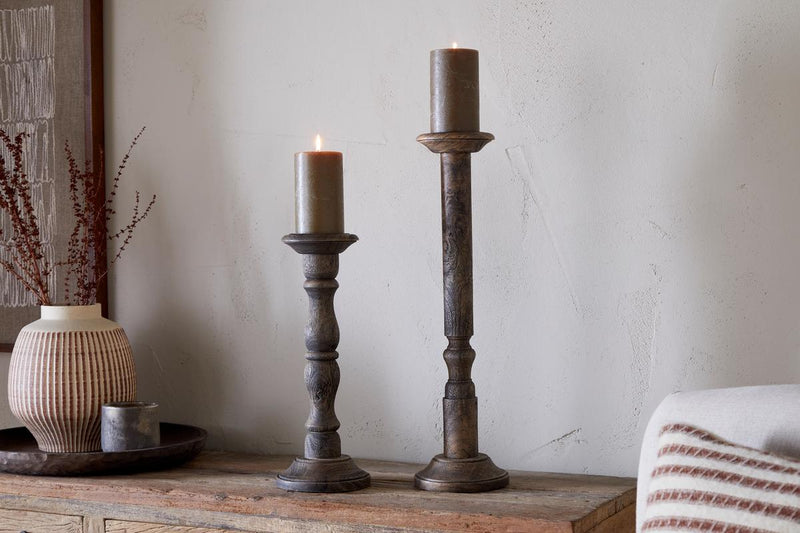 New Nayati Rustic Wood Pillar Candle Stick - Dark Stain