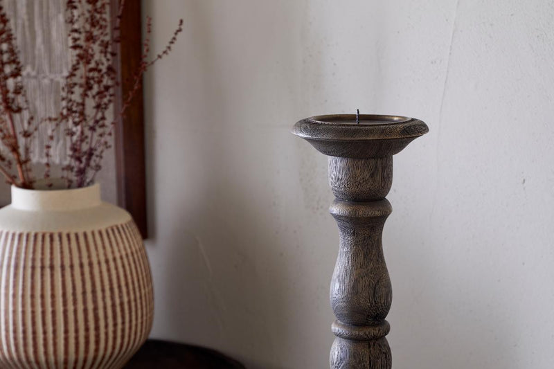 New Nayati Rustic Wood Pillar Candle Stick - Dark Stain