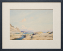 Three Tarns Bowfell original watercolour by William Heaton Cooper, shown in its dark blue frame and cream mount